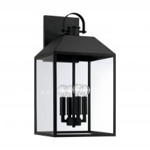  953443BK - 4-Light Outdoor Square Rectangle Wall Lantern in Black with Clear Glass